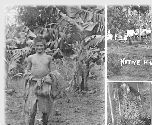 young men in banana plantage, native huts around 1920 - on click to next historic collage
