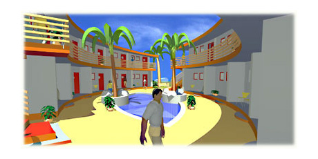 >>> inner yard with pool, palms,staircases and the entrance sections